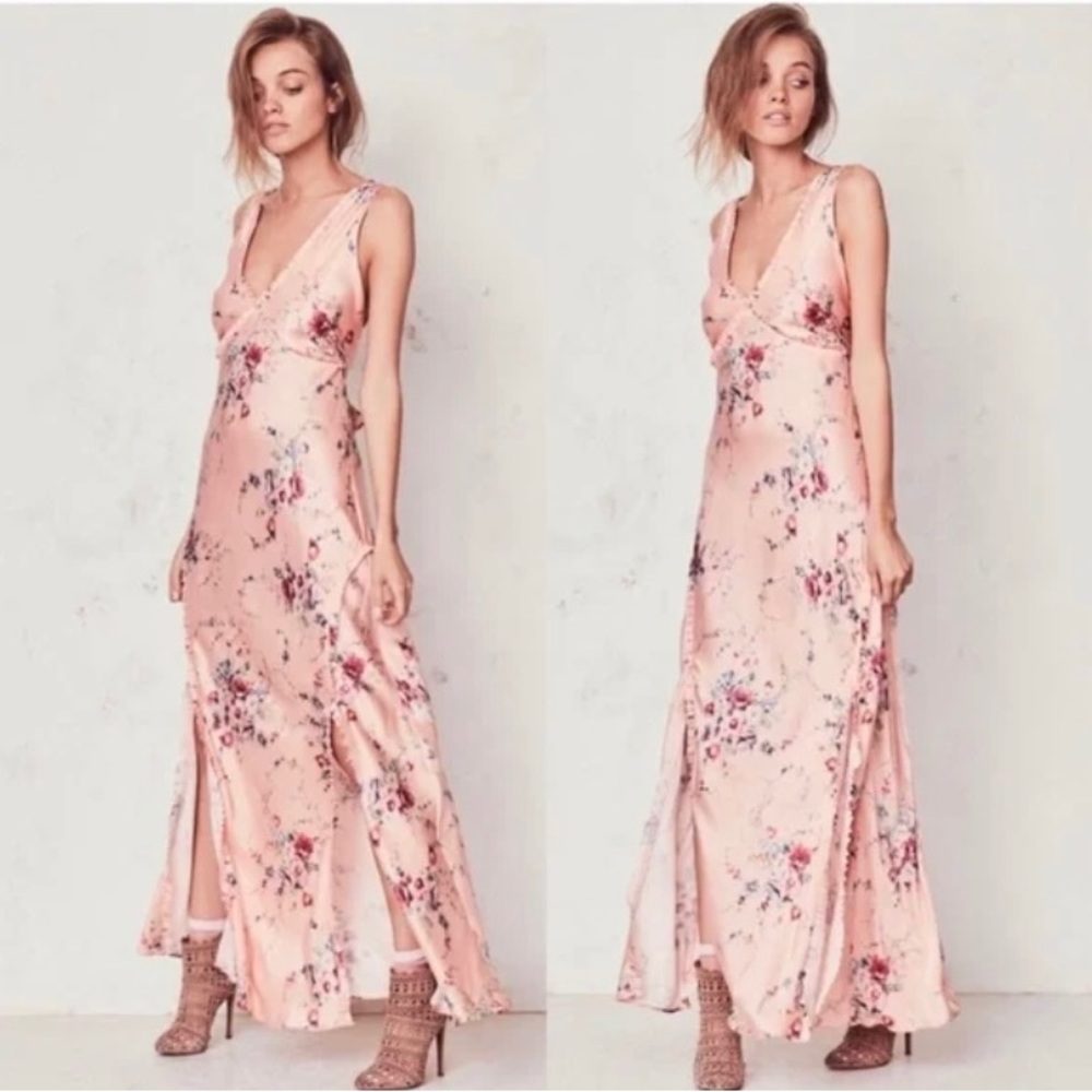 LoveShackFancy Kendall Pink Silk Satin Maxi Dress with Slit in Duchess XS